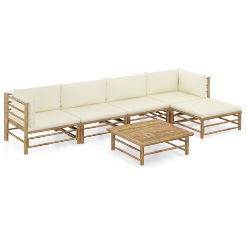 6 Piece Garden Lounge Set with Cream White Cushions Bamboo