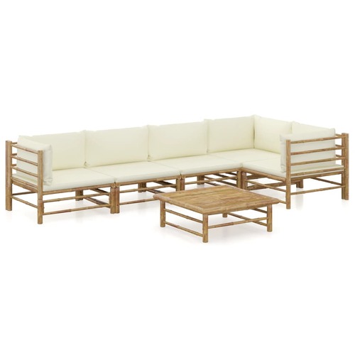 6 Piece Garden Lounge Set with Cream White Cushions Bamboo