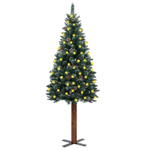 Slim Pre-lit Christmas Tree with Real Wood&White Snow Green 150 cm
