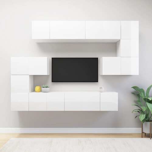 10 Piece TV Cabinet Set High Gloss White Chipboard