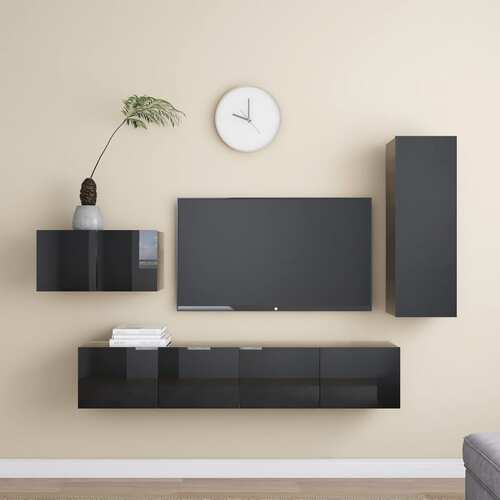 4 Piece TV Cabinet Set High Gloss Black Chipboard