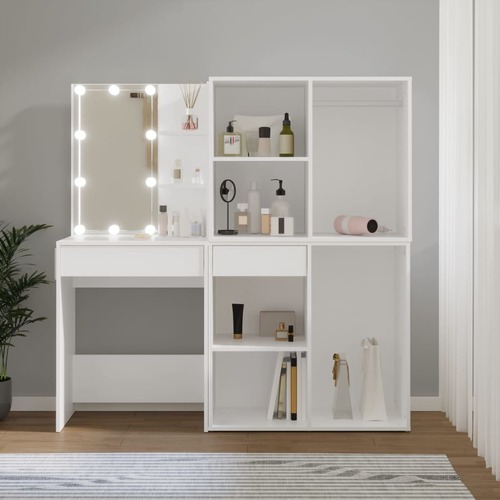 LED Dressing Table with 2 Cabinets White Engineered Wood