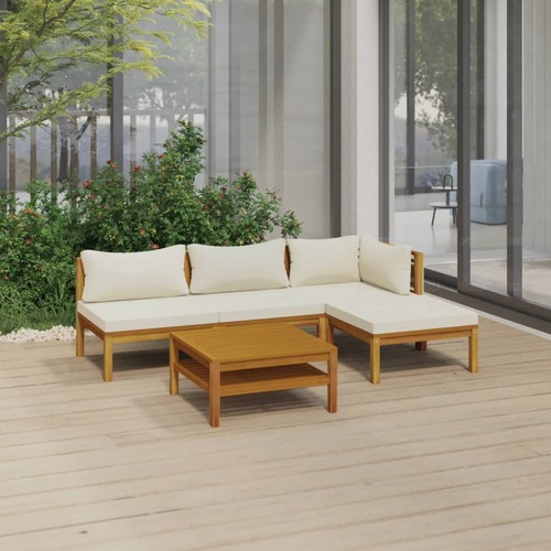 5 Piece Garden Lounge Set with Cream Cushion Solid Acacia Wood