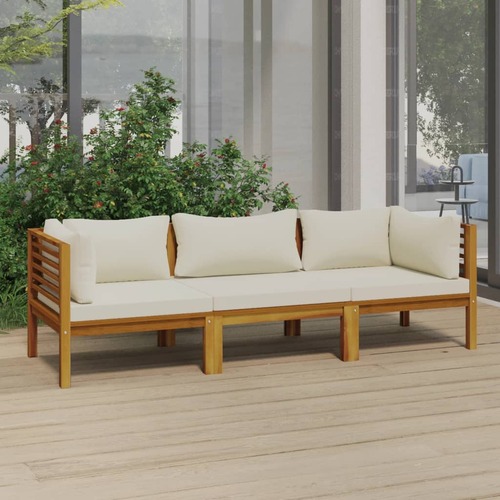 3-Seater Garden Sofa with Cream Cushion Solid Acacia Wood