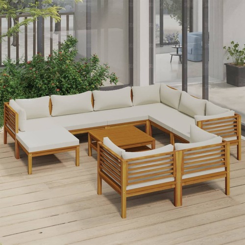 10 Piece Garden Lounge Set with Cream Cushion Solid Acacia Wood