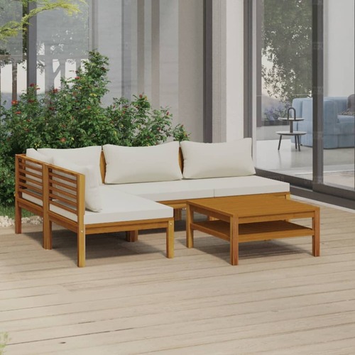 5 Piece Garden Lounge Set with Cream Cushion Solid Acacia Wood