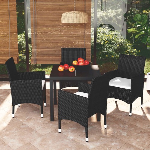5 Piece Garden Dining Set with Cushions Poly Rattan Black