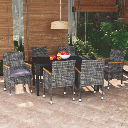 7 Piece Garden Dining Set with Cushions Poly Rattan Grey