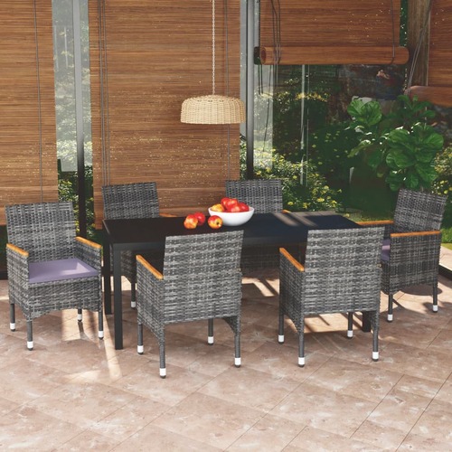 7 Piece Garden Dining Set with Cushions Poly Rattan Grey