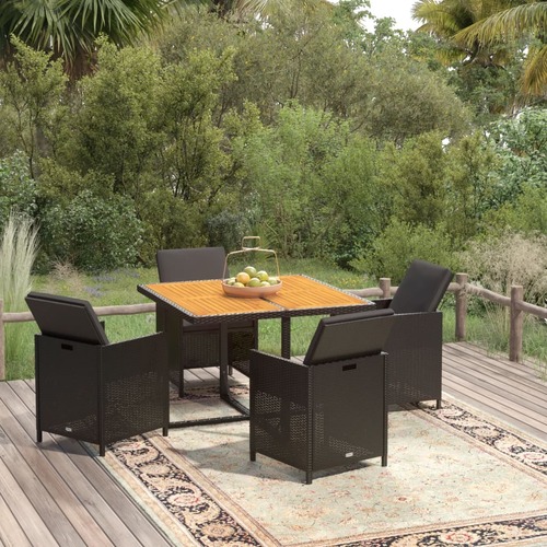 5 Piece Garden Dining Set with Cushions Poly Rattan Black