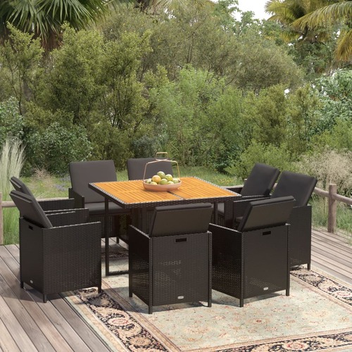 9 Piece Garden Dining Set with Cushions Poly Rattan Black