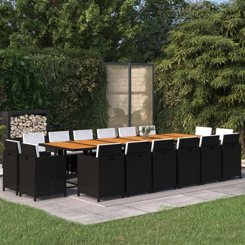 17 Piece Garden Dining Set with Cushions Poly Rattan Black