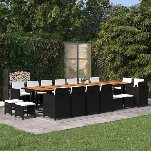 19 Piece Garden Dining Set with Cushions Black Poly Rattan