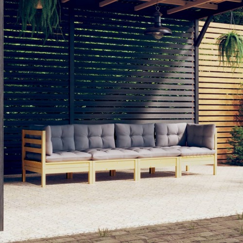 4 Piece Garden Lounge Set with Grey Cushions Solid Pinewood