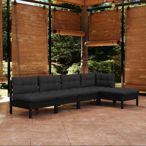 5 Piece Garden Lounge Set with Cushions Black Pinewood