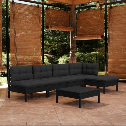 6 Piece Garden Lounge Set with Cushions Black Pinewood