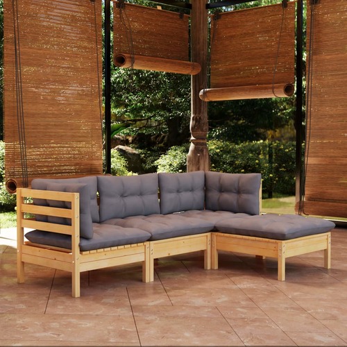 4 Piece Garden Lounge Set with Grey Cushions Pinewood