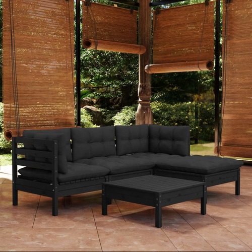 5 Piece Garden Lounge Set with Cushions Black Pinewood