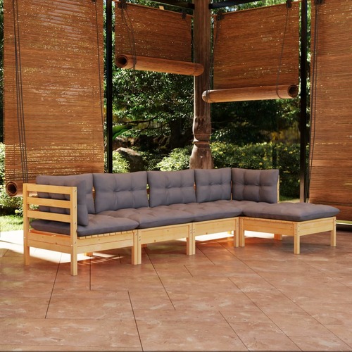 5 Piece Garden Lounge Set with Grey Cushions Pinewood
