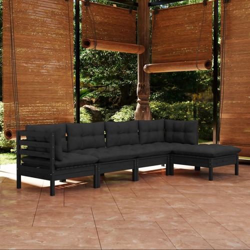 5 Piece Garden Lounge Set with Cushions Black Pinewood