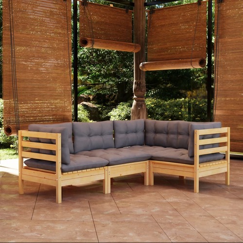 4 Piece Garden Lounge Set with Grey Cushions Pinewood