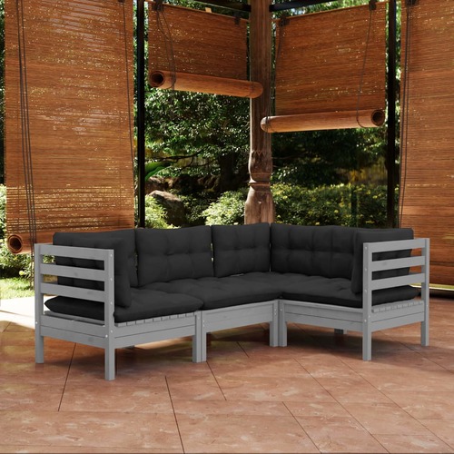 4 Piece Garden Lounge Set with Cushions Grey Pinewood