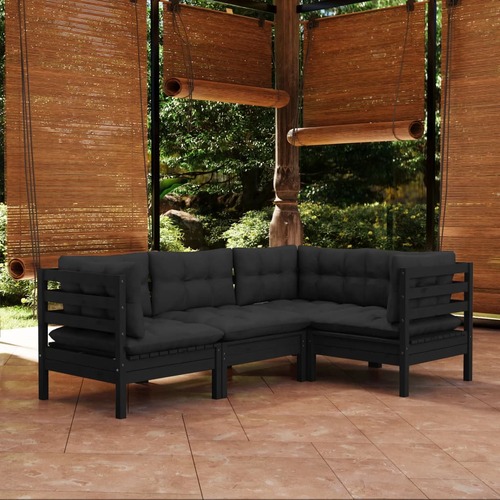 4 Piece Garden Lounge Set with Cushions Black Pinewood