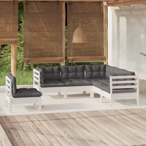 5 Piece Garden Lounge Set with Cushions White Pinewood