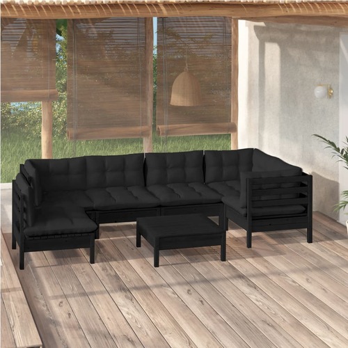 7 Piece Garden Lounge Set with Cushions Black Pinewood
