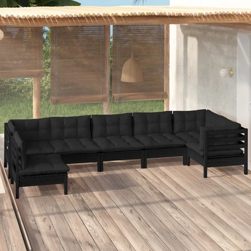 7 Piece Garden Lounge Set with Cushions Black Pinewood