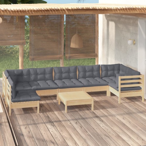 8 Piece Garden Lounge Set with Grey Cushions Pinewood