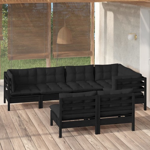7 Piece Garden Lounge Set with Cushions Black Solid Pinewood
