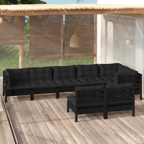 8 Piece Garden Lounge Set with Cushions Black Solid Pinewood