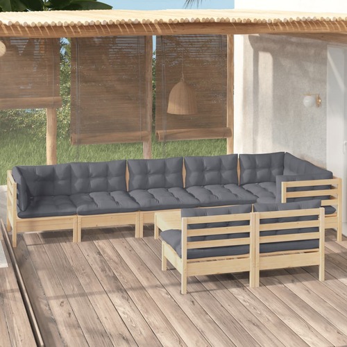 9 Piece Garden Lounge Set with Grey Cushions Solid Pinewood