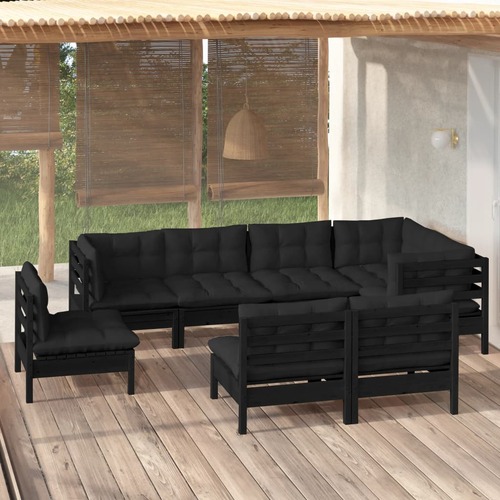 8 Piece Garden Lounge Set with Cushions Black Solid Pinewood