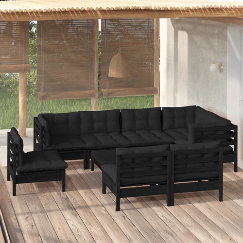 9 Piece Garden Lounge Set with Cushions Black Solid Pinewood