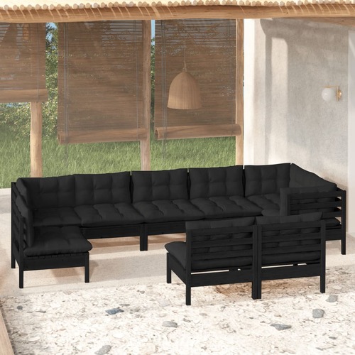 9 Piece Garden Lounge Set with Cushions Black Solid Pinewood