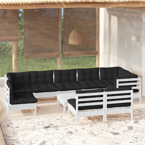 10 Piece Garden Lounge Set with Cushions White Solid Pinewood