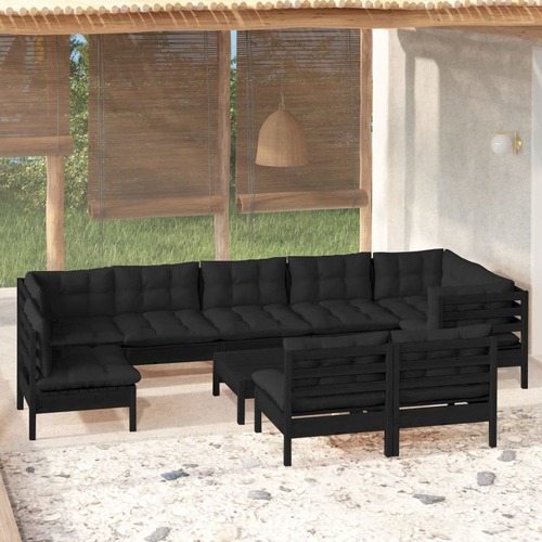 10 Piece Garden Lounge Set with Cushions Black Solid Pinewood