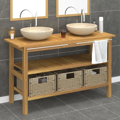 Bathroom Vanity Cabinet with Cream Marble Sinks Solid Wood Teak