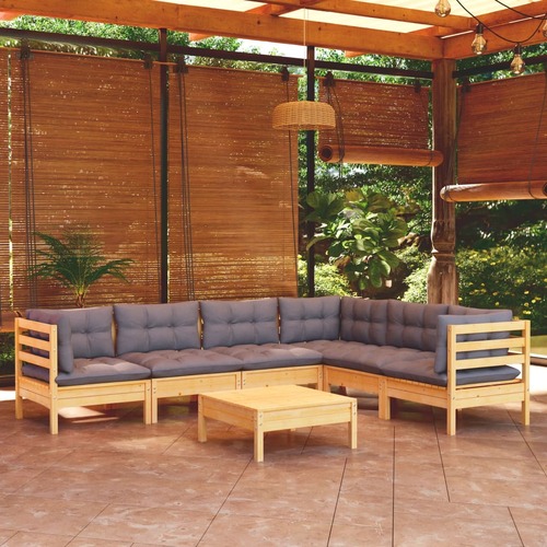 7 Piece Garden Lounge Set with Grey Cushions Solid Pinewood