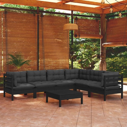 7 Piece Garden Lounge Set with Cushions Black Solid Pinewood