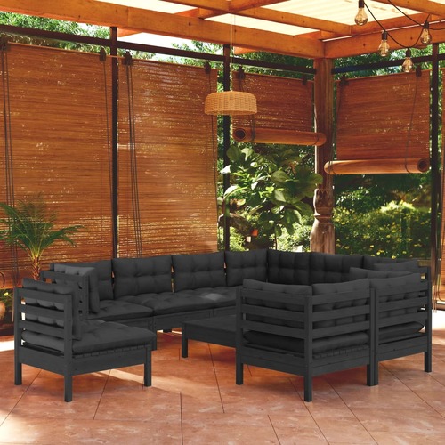 10 Piece Garden Lounge Set with Cushions Black Solid Pinewood