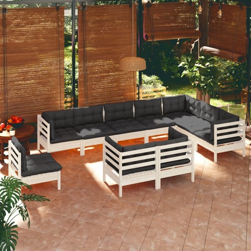 10 Piece Garden Lounge Set with Cushions White Solid Pinewood