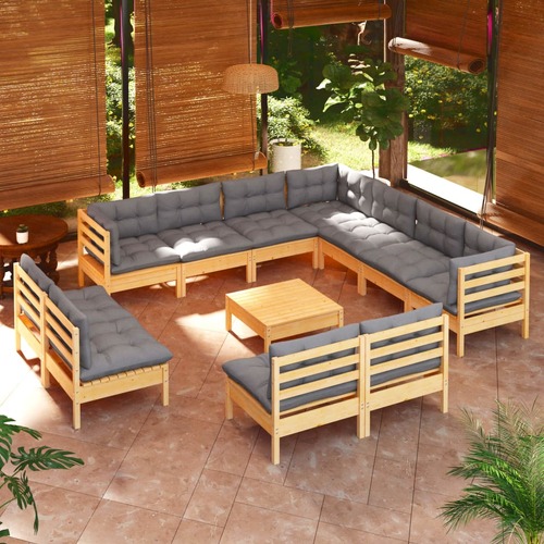 12 Piece Garden Lounge Set with Grey Cushions Solid Pinewood