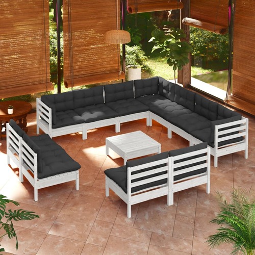 12 Piece Garden Lounge Set with Cushions White Solid Pinewood