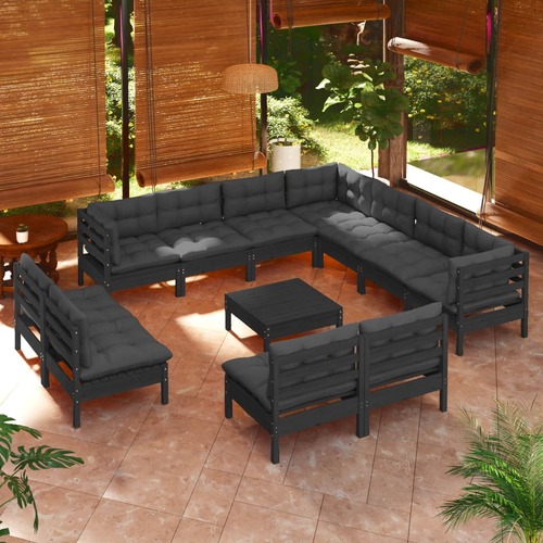 12 Piece Garden Lounge Set with Cushions Black Solid Pinewood