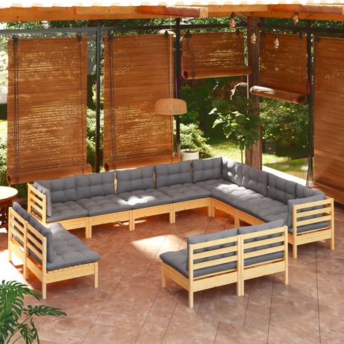 12 Piece Garden Lounge Set with Grey Cushions Solid Pinewood