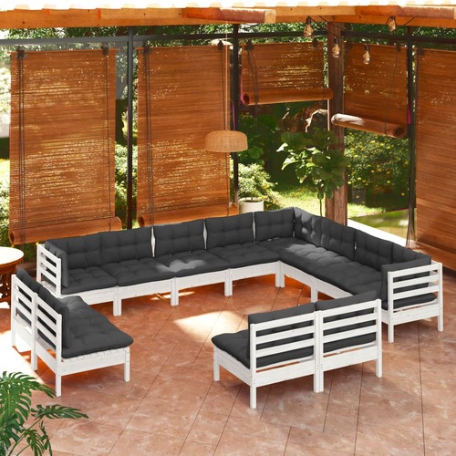 12 Piece Garden Lounge Set with Cushions White Solid Pinewood