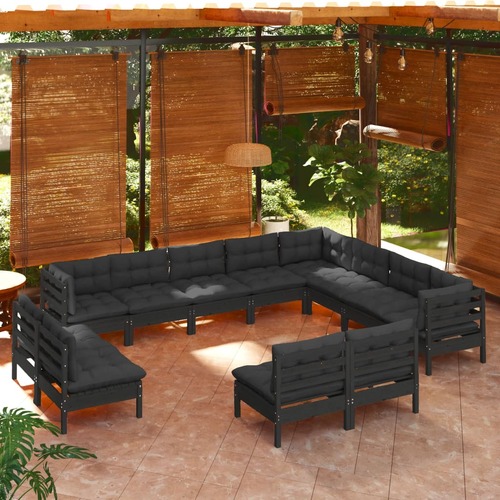 12 Piece Garden Lounge Set with Cushions Black Solid Pinewood